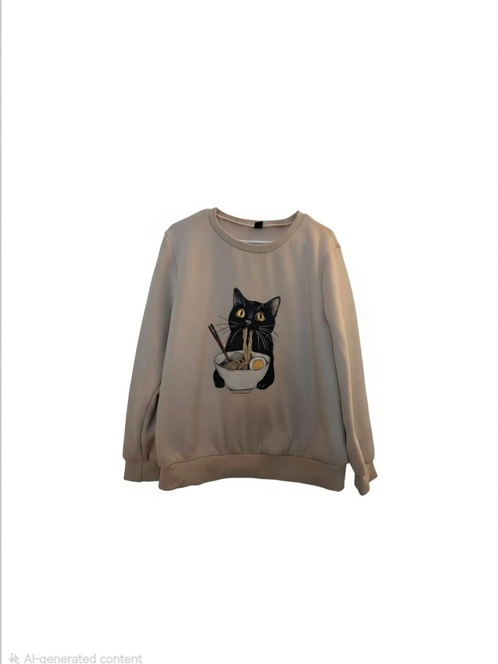 SHEIN Beige Sweatshirt with Black Cat Ramen Graphic